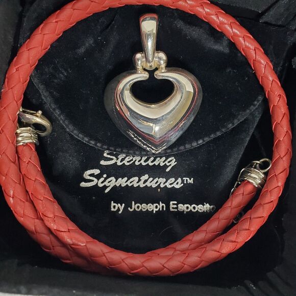 Joseph Esposito 925 Sterling Silver Heart Pendant Red Braided Leather Necklace - Picture 2 of 6